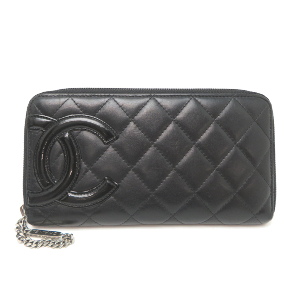Chanel Cambon Line Round Zipper Women's Long Wallet A50078 Calf Leather Black